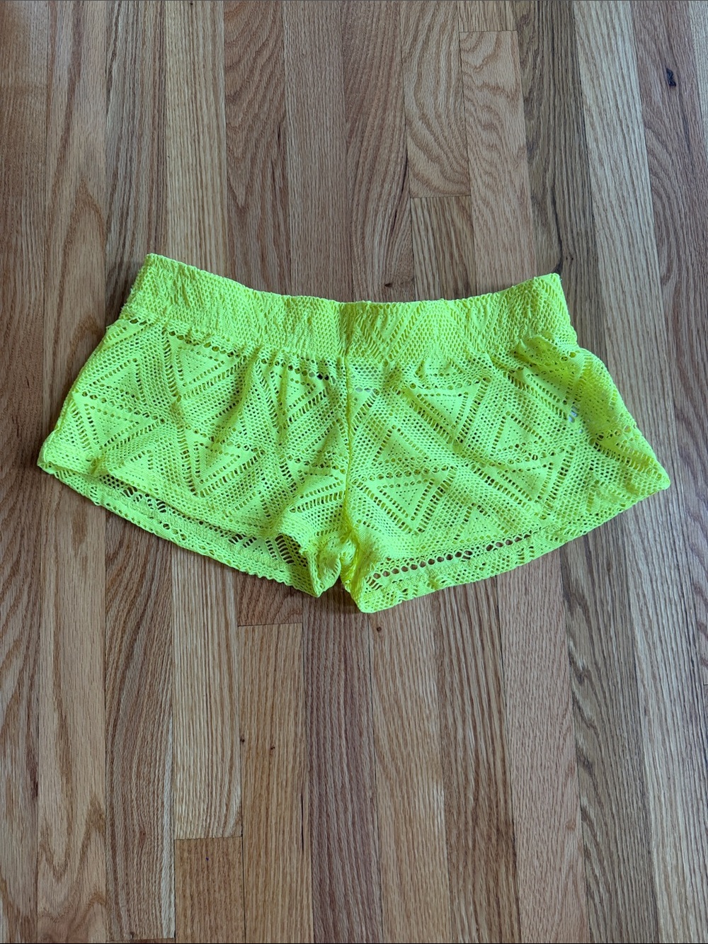 Lagaci Neon Yellow Lace Overlay Athletic Shorts